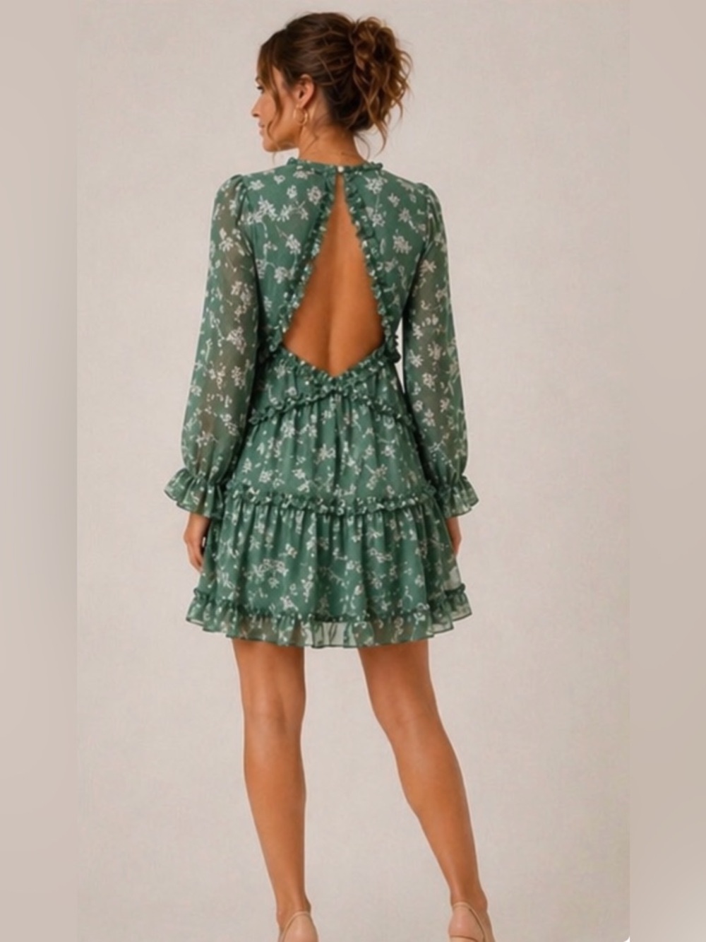 Aura Floral Ruffle Mini Dress Sage Green Boho Open Back Long Sleeve Large - Picture 3 of 15
